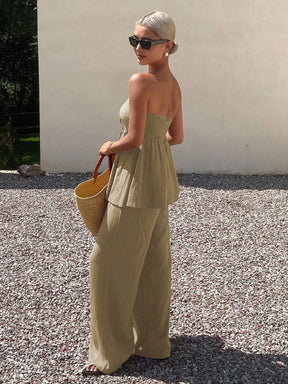 Livesso Conjunto de 2 peças Estilo Férias de Verão para Mulheres, Top Tubinho Franzido no Busto e Calça Perna Larga, Cor Sólida com Cordão