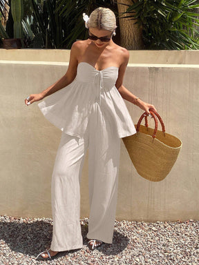 Livesso Conjunto de 2 peças Estilo Férias de Verão para Mulheres, Top Tubinho Franzido no Busto e Calça Perna Larga, Cor Sólida com Cordão