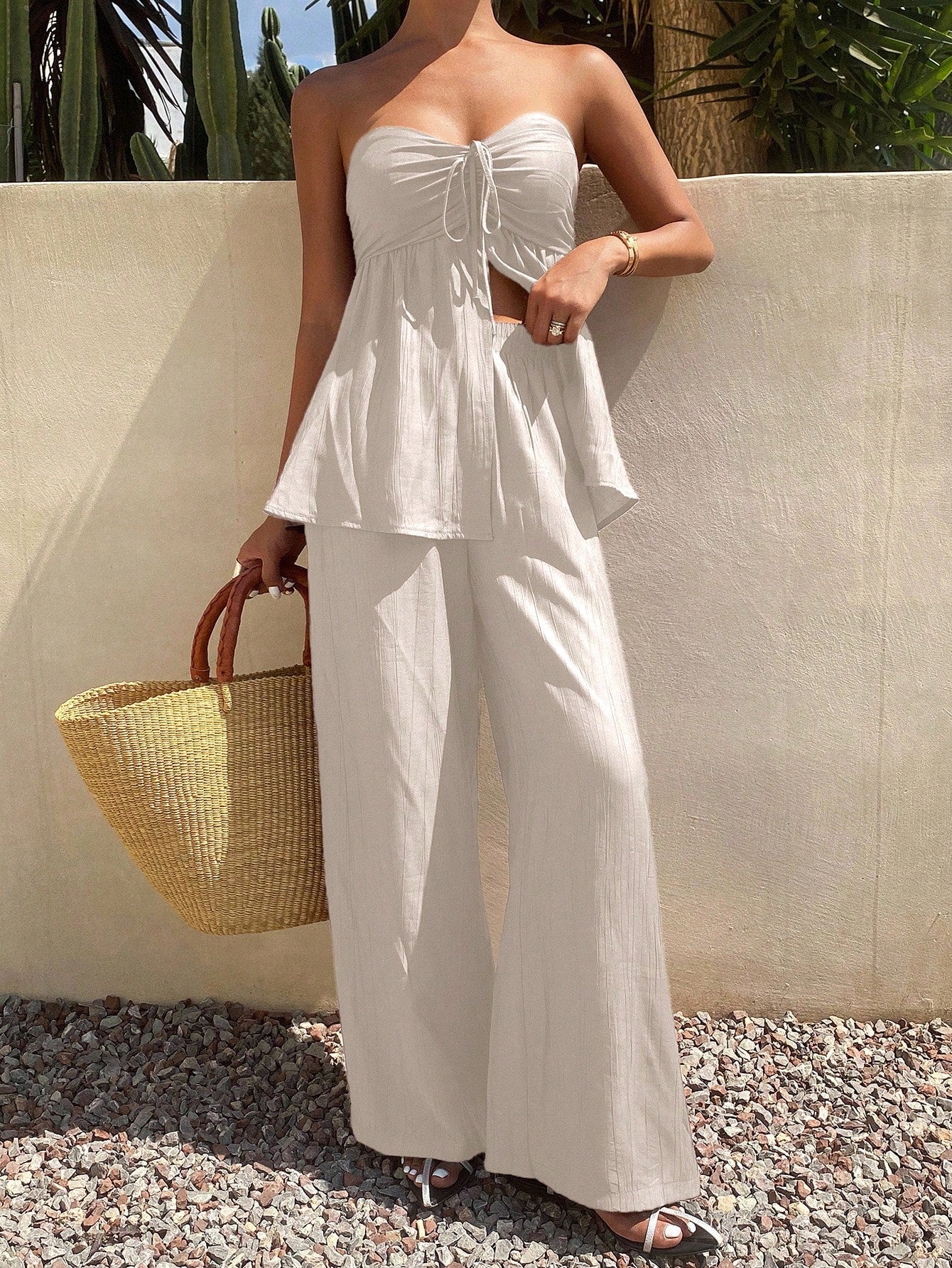 Livesso Conjunto de 2 peças Estilo Férias de Verão para Mulheres, Top Tubinho Franzido no Busto e Calça Perna Larga, Cor Sólida com Cordão