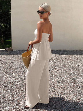 Livesso Conjunto de 2 peças Estilo Férias de Verão para Mulheres, Top Tubinho Franzido no Busto e Calça Perna Larga, Cor Sólida com Cordão