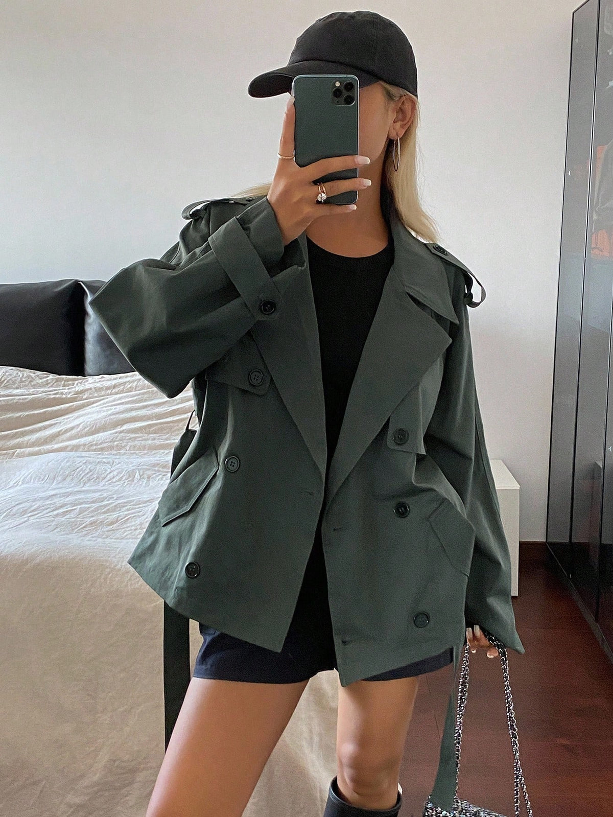 Livesso Casaco Curto Casual de Trench Coat com Cadarço para Mulheres, Jaqueta, Roupas Femininas de Outono