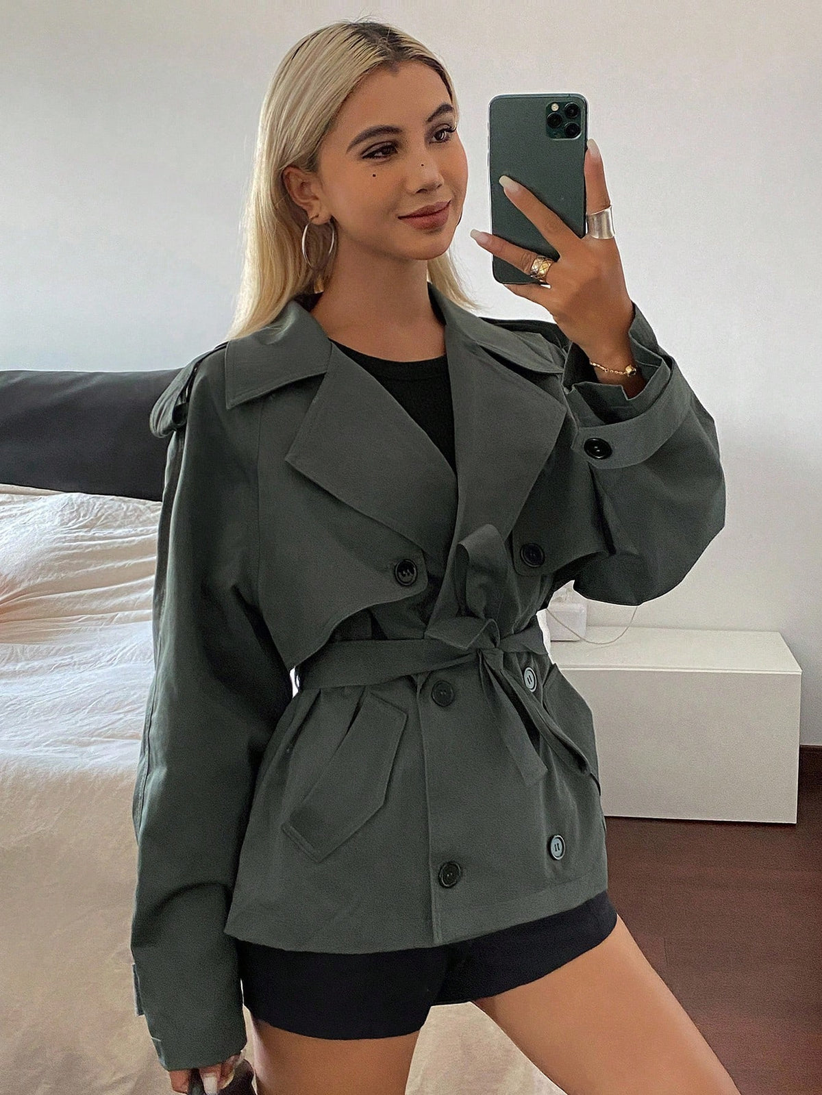 Livesso Casaco Curto Casual de Trench Coat com Cadarço para Mulheres, Jaqueta, Roupas Femininas de Outono