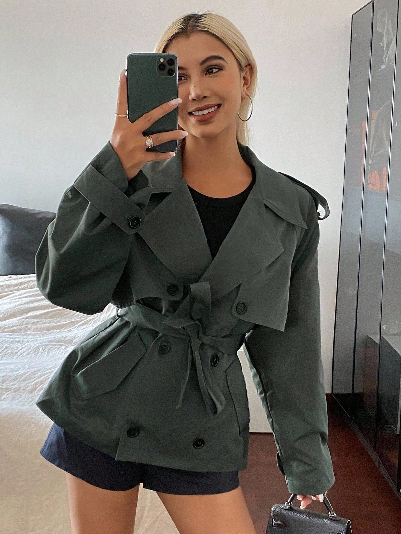 Livesso Casaco Curto Casual de Trench Coat com Cadarço para Mulheres, Jaqueta, Roupas Femininas de Outono