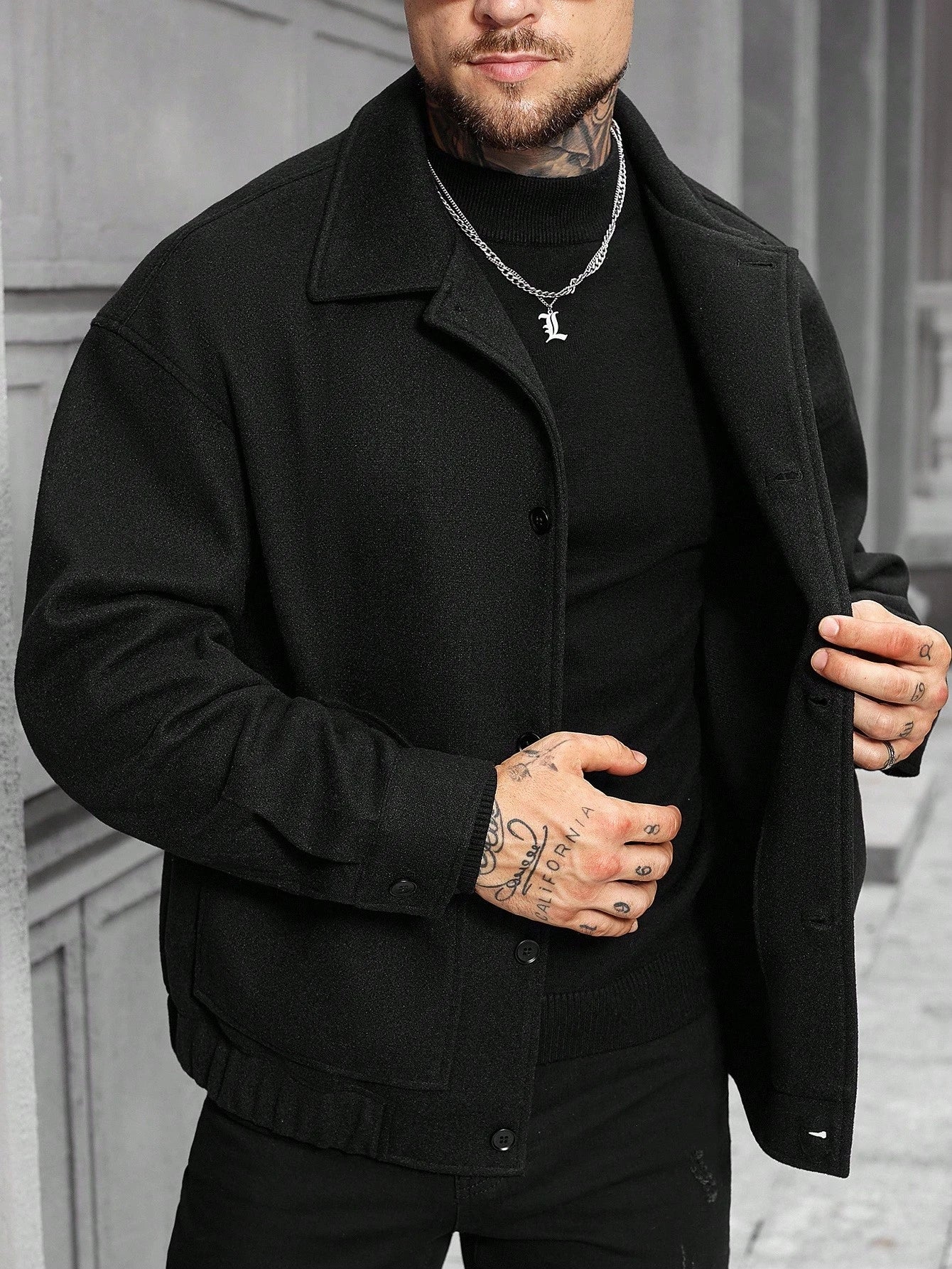 Manfinity Homme Jaqueta Casual Masculina de Manga Longa com Botões, Mistura de Lã, Outono/Inverno