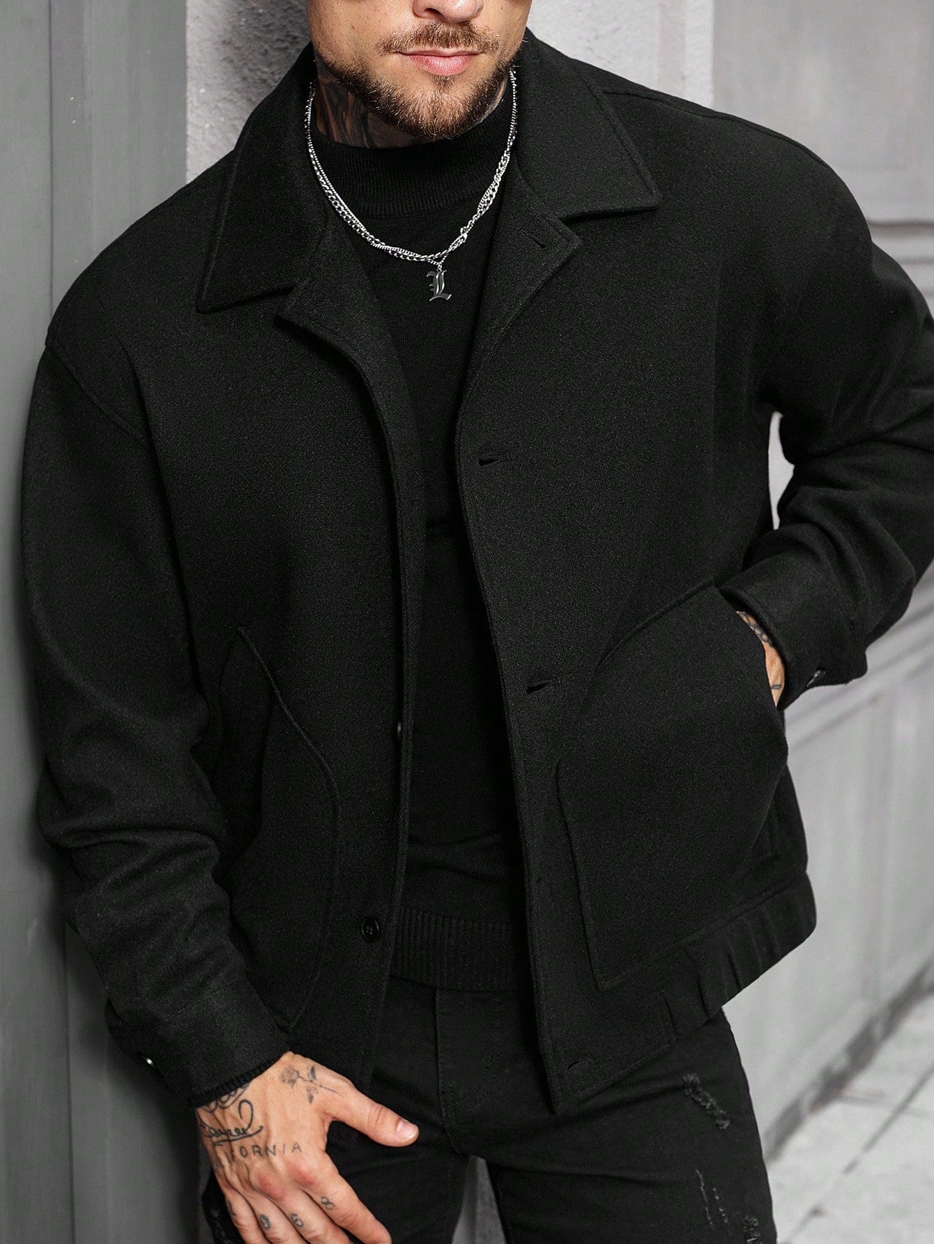 Manfinity Homme Jaqueta Casual Masculina de Manga Longa com Botões, Mistura de Lã, Outono/Inverno