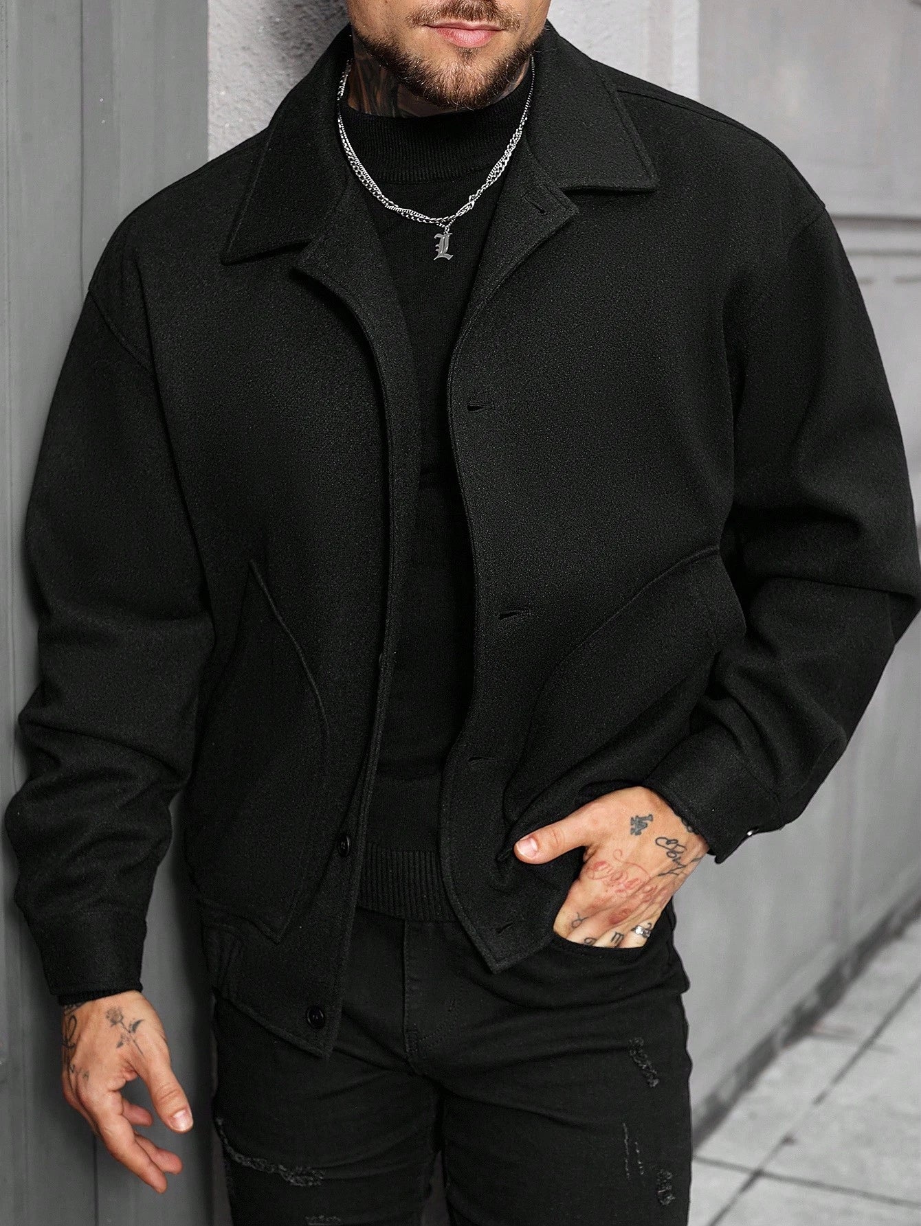 Manfinity Homme Jaqueta Casual Masculina de Manga Longa com Botões, Mistura de Lã, Outono/Inverno