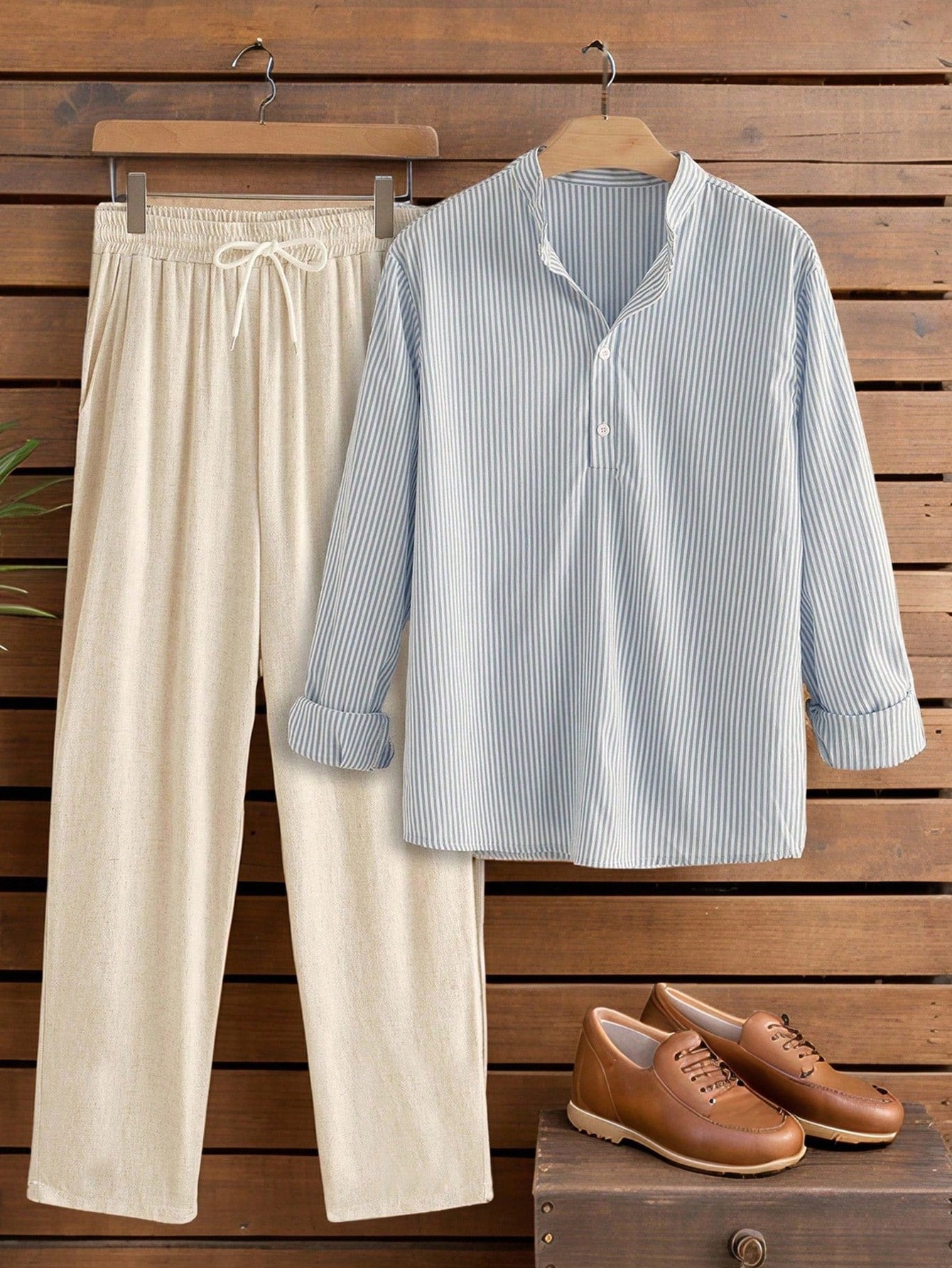 HIMLAND Conjunto de Camisa Listrada Casual e Calça de Cor Sólida em Flanela de Linho Estilo Japonês, Roupas Confortáveis