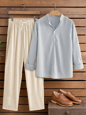 HIMLAND Conjunto de Camisa Listrada Casual e Calça de Cor Sólida em Flanela de Linho Estilo Japonês, Roupas Confortáveis