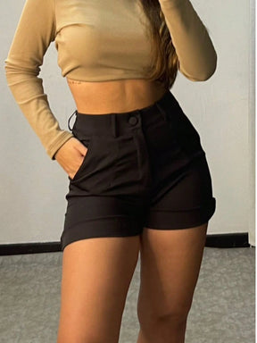 Short\Bermuda Feminino Social Alfaiataria com Bolso e Cintura Alta