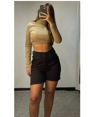 Short\Bermuda Feminino Social Alfaiataria com Bolso e Cintura Alta