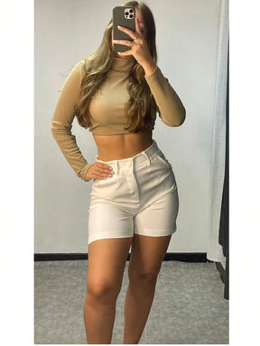 Short\Bermuda Feminino Social Alfaiataria com Bolso e Cintura Alta