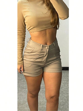 Short\Bermuda Feminino Social Alfaiataria com Bolso e Cintura Alta