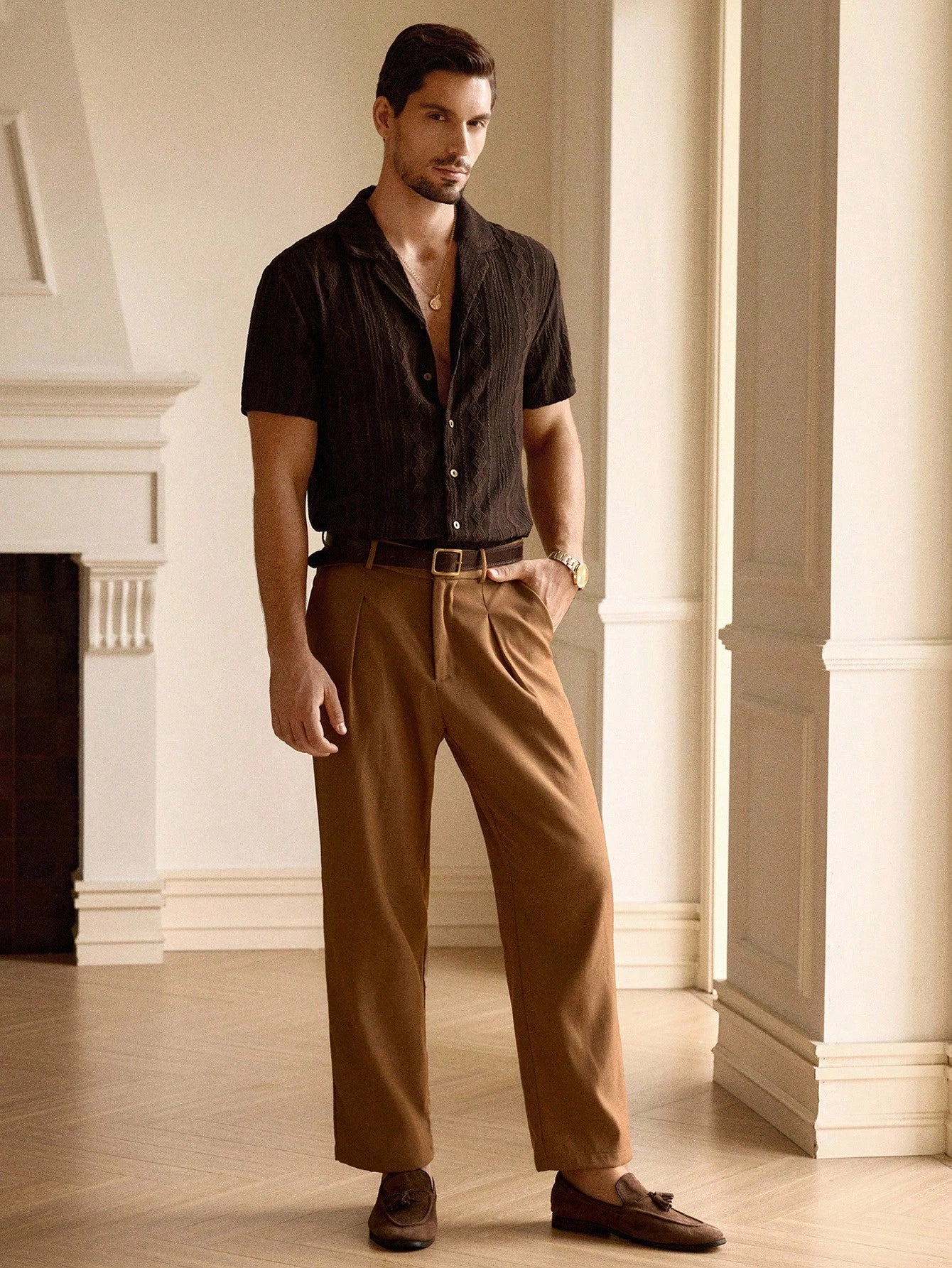 HIMLAND Camisa Casual Masculina de Cor Sólida e Textura, Old Money