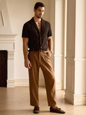 HIMLAND Camisa Casual Masculina de Cor Sólida e Textura, Old Money