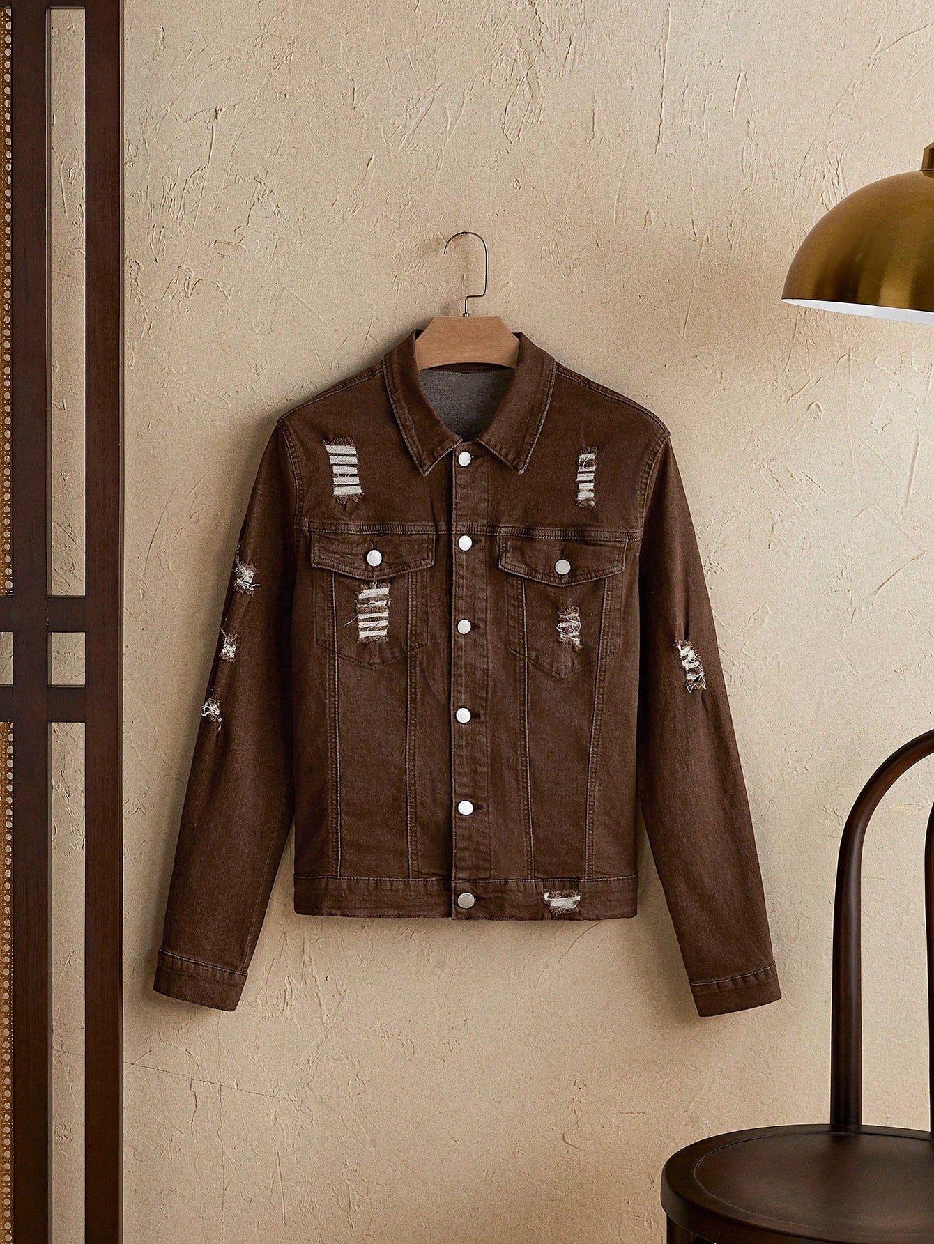 Jaqueta Denim Casual Masculina com Botões na Frente, Manga Longa e Bolso, Desgastada