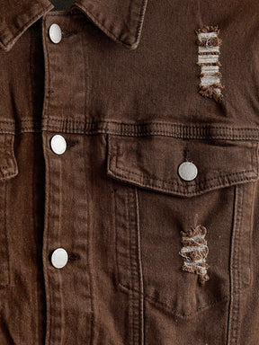 Jaqueta Denim Casual Masculina com Botões na Frente, Manga Longa e Bolso, Desgastada