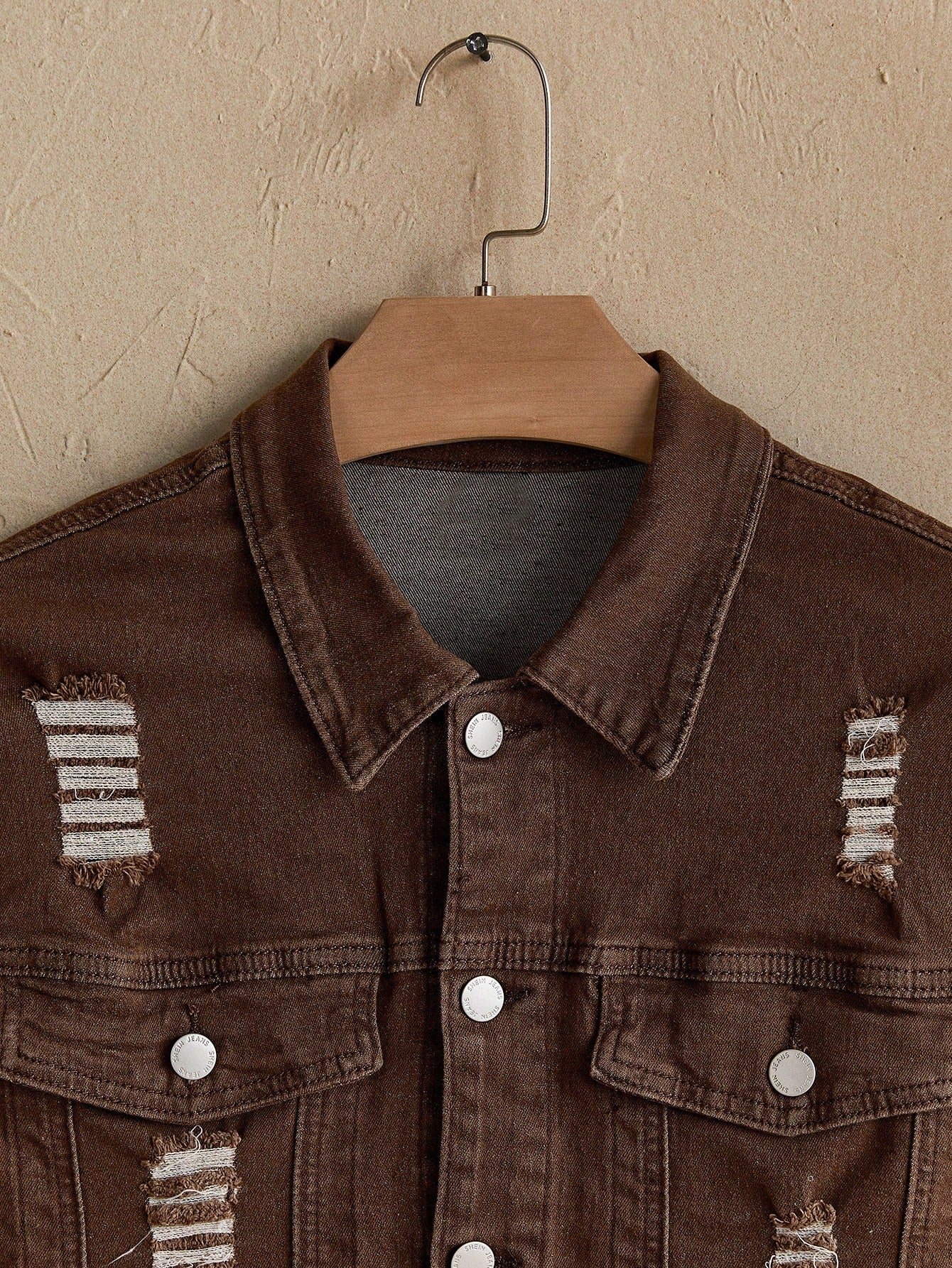 Jaqueta Denim Casual Masculina com Botões na Frente, Manga Longa e Bolso, Desgastada