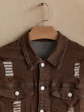 Jaqueta Denim Casual Masculina com Botões na Frente, Manga Longa e Bolso, Desgastada