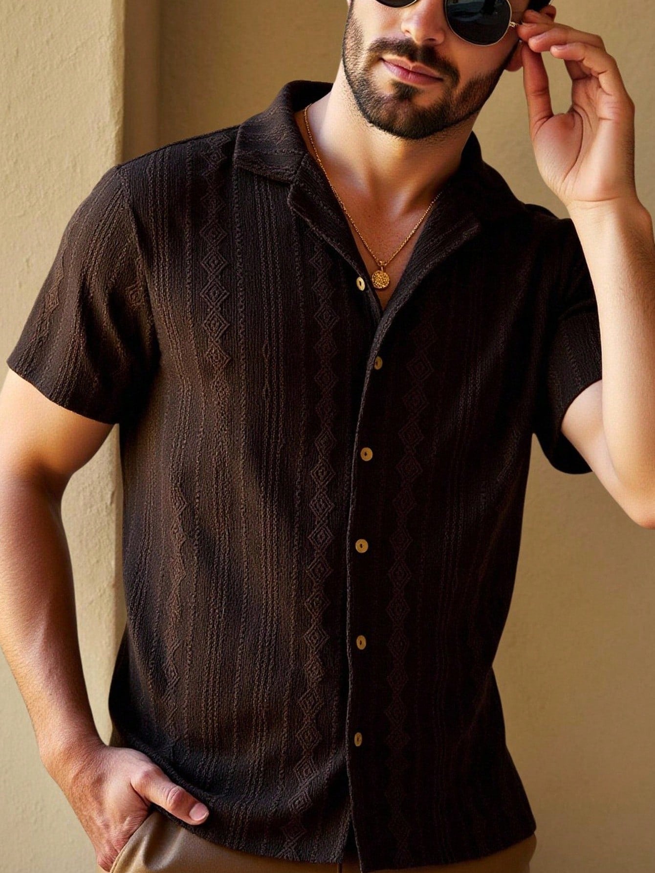 HIMLAND Camisa Casual Masculina de Cor Sólida e Textura, Old Money