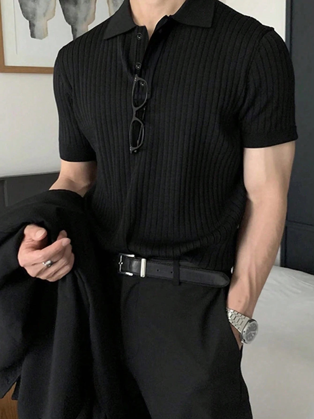 Manfinity Homme Camisa Polo Casual/Executiva de Manga Curta e Cor Sólida para Homens