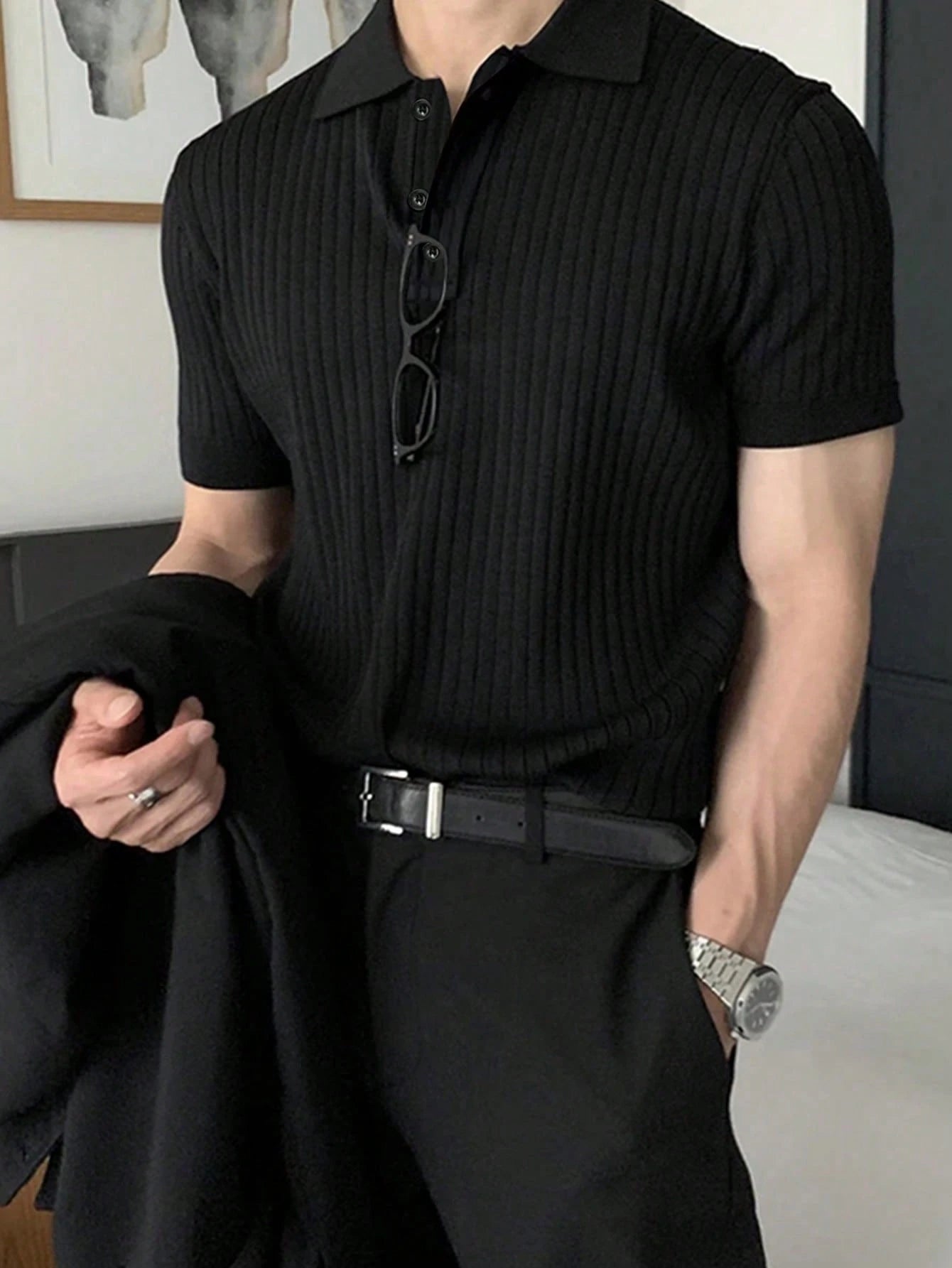 Manfinity Homme Camisa Polo Casual/Executiva de Manga Curta e Cor Sólida para Homens